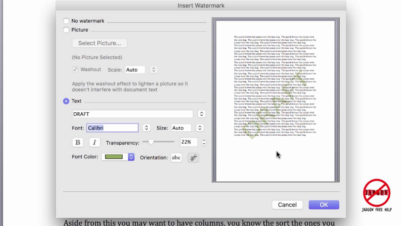 word for mac set default watermark